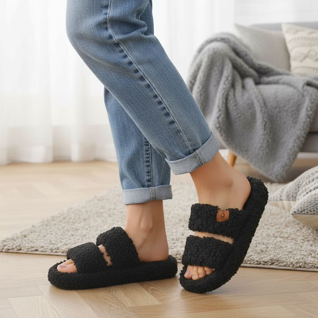 Pantuflas afelpadas de punta abierta para mujer