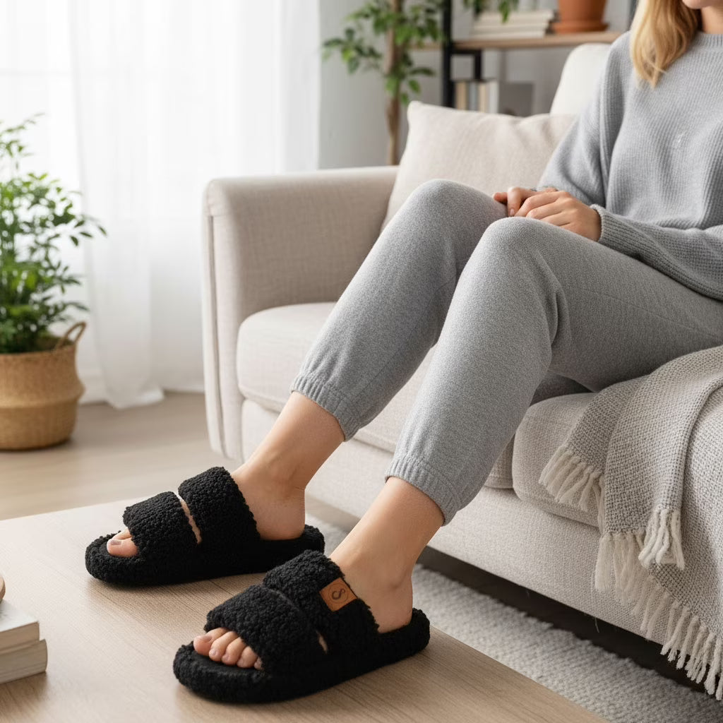 Pantuflas afelpadas de punta abierta para mujer
