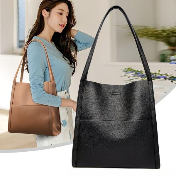 Bolso de hombro sencillo de piel auténtica de color liso