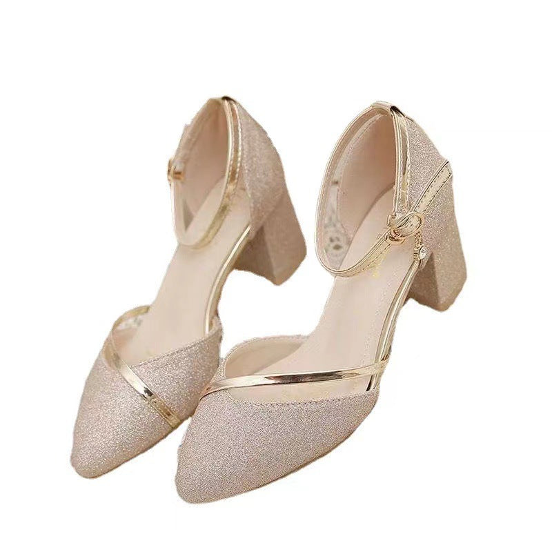 Zapatos de Tacón Bloque con Purpurina y Detalles Dorados