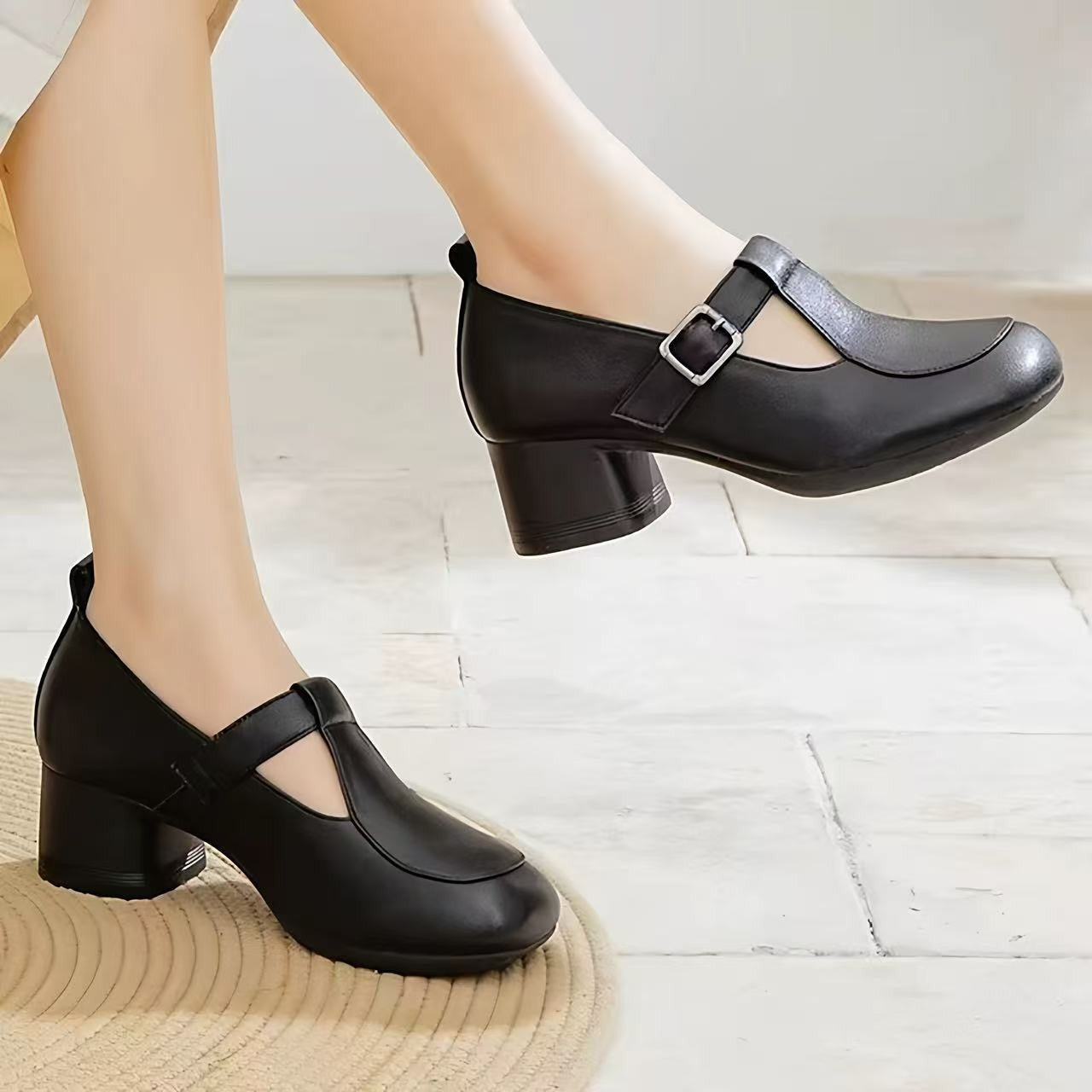 Zapatos de piel auténtica con tira en T