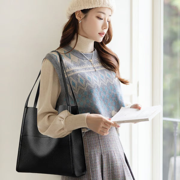 Bolso de hombro sencillo de piel auténtica de color liso